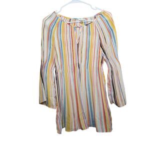 Spense Blouse Women's Medium Colorful Pleated 3/4 Flare Sleeve Top Lightweight